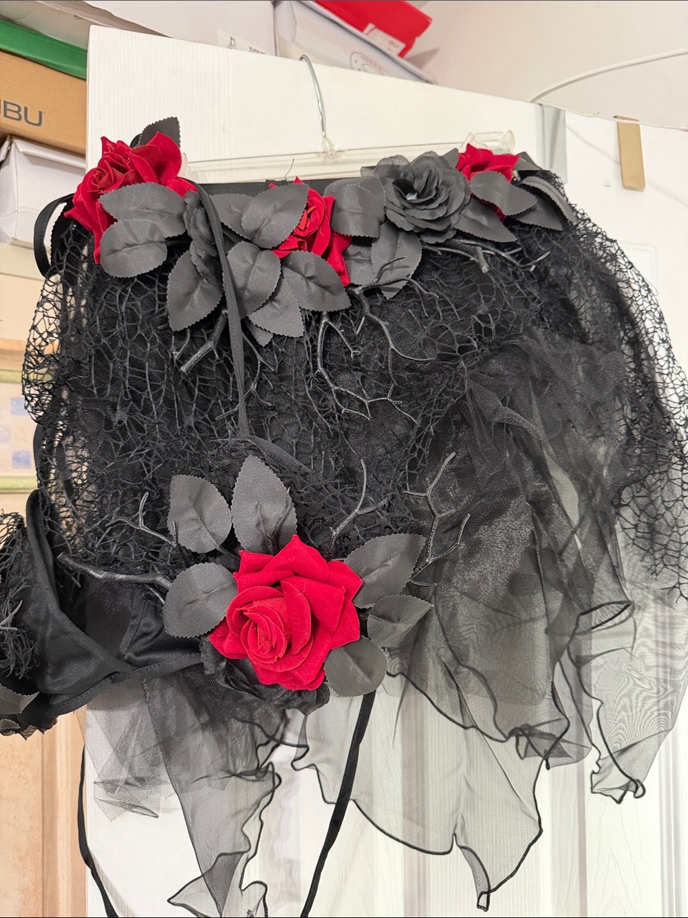 Sexy dark pixie. Black Asymmetrical Tulle Skirt with Red Rose Appliqués